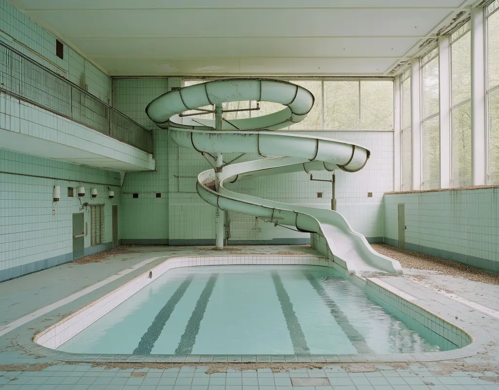 Imaginary abandoned training pool and water slide